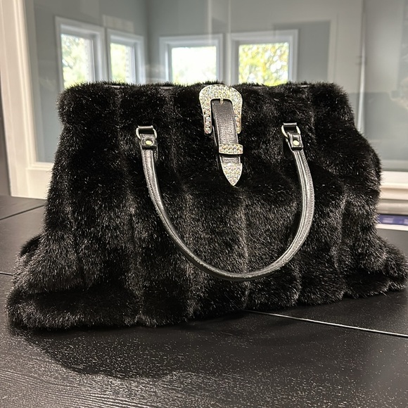 Raviani Black Faux Fur Crystal Buckle Bag - Picture 1 of 15